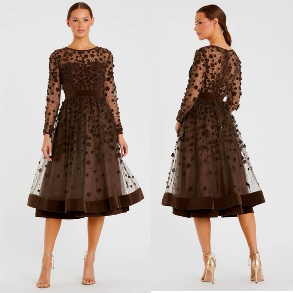 Mac Duggal - Brown Embellished Illusion High Neck Long Sleeve Fit & Flare Dress - Picture 3 of 17